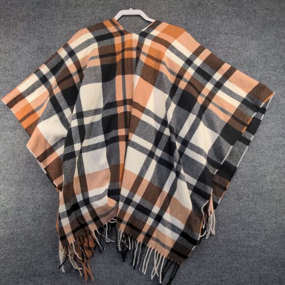 Anne Klein Women's Poncho Cape Multicolor One Size Plaid Fringed Polyester - Picture 5 of 8
